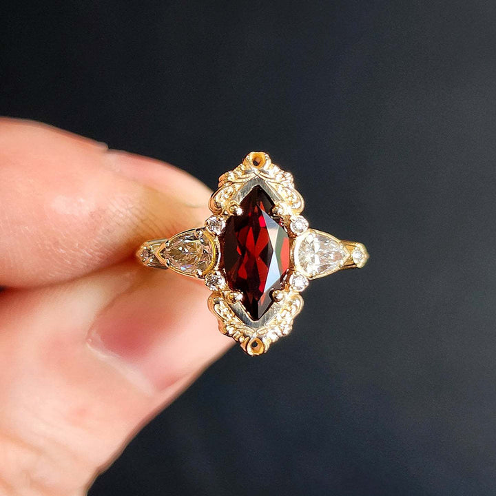 Vintage Marquise Red Gemstone Three Stone Ring Ornate Filigree Halo Diamond Accent Promise Ring Antique Gothic Bridal Statement Ring
