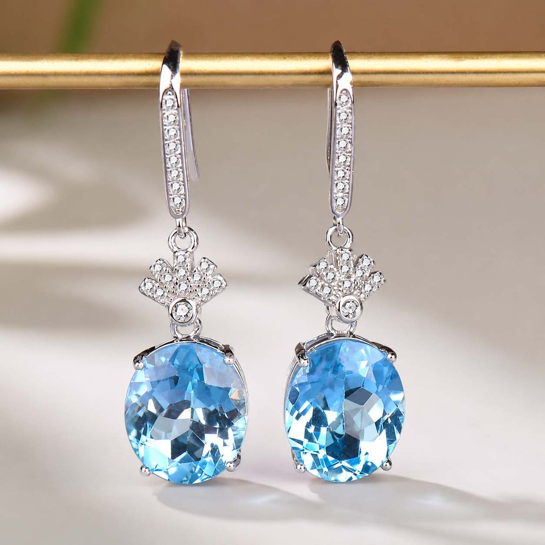 Oval Aquamarine Drop Dangle Earrings Solid Sterling Silver Diamond Accent Elegant Luxury Wedding Party Earrings