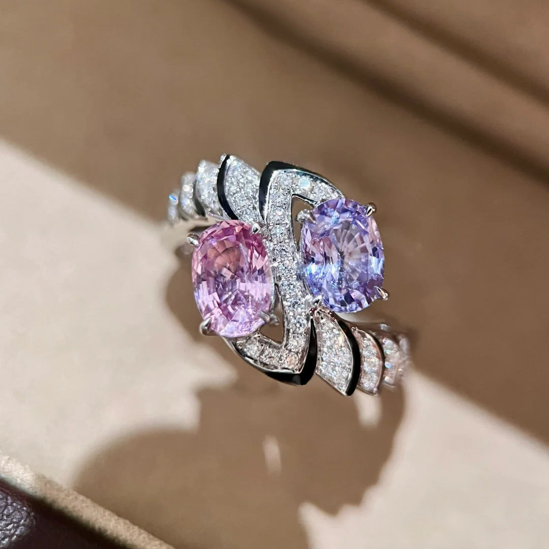 Pink Purple Two Stone Crossover Ring Women Oval Diamond Toi Et Moi Vintage Statement Ring