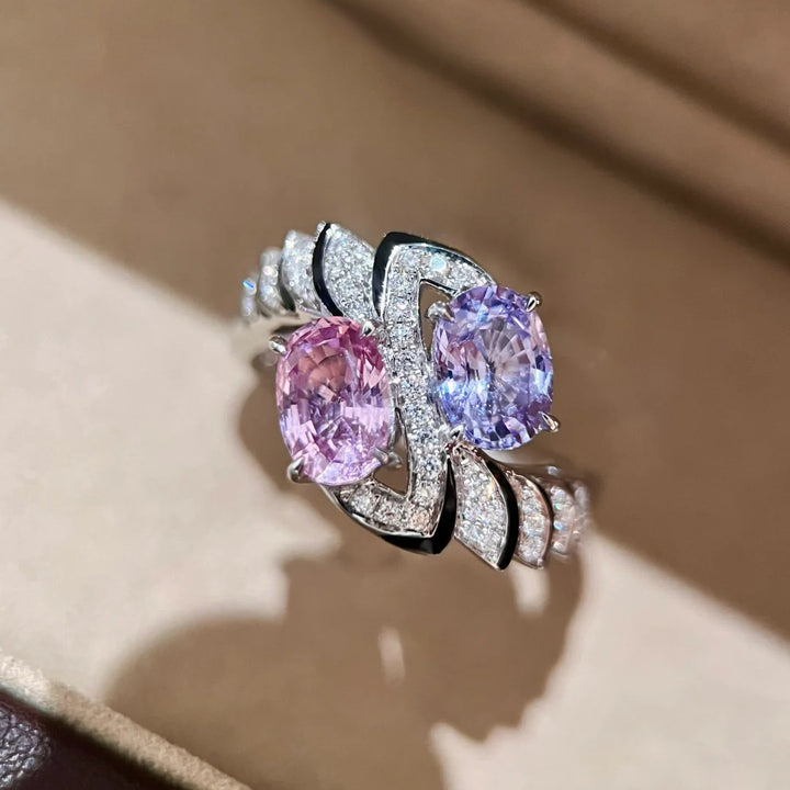 Pink Purple Two Stone Crossover Ring Women Oval Diamond Toi Et Moi Vintage Statement Ring