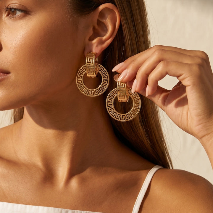 Greek Key Pattern Circle Drop Earrings Hollow Geometric Dangle Earrings Vintage Statement Hoop Earrings Retro Cutout Fashion Jewelry For Women Party Daily Styling
