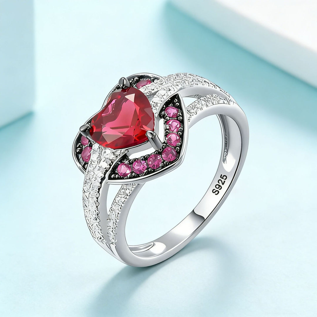 Heart‑Shaped Ruby Center Stone S925 Sterling Silver Ring, Pave‑Set Pink Gemstone & Diamond Band