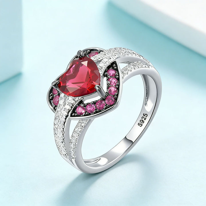 Heart‑Shaped Ruby Center Stone S925 Sterling Silver Ring, Pave‑Set Pink Gemstone & Diamond Band