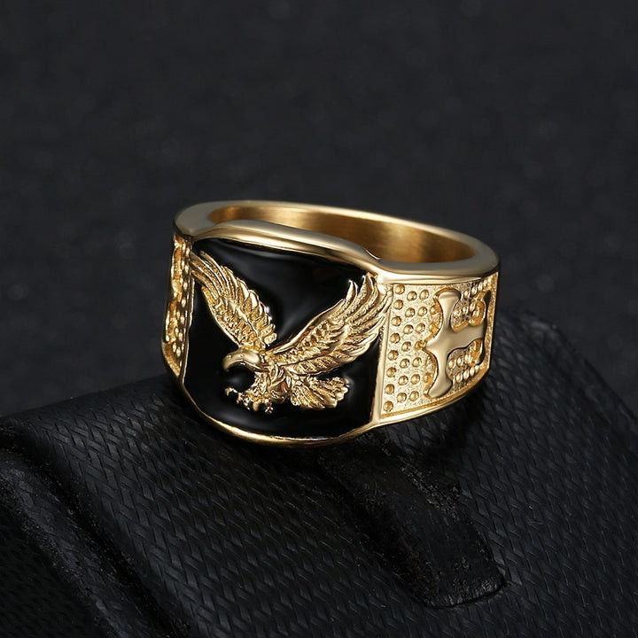 Eagle Embossed Signet Ring For Men Black Enamel Statement Band Ring Two Tone Options