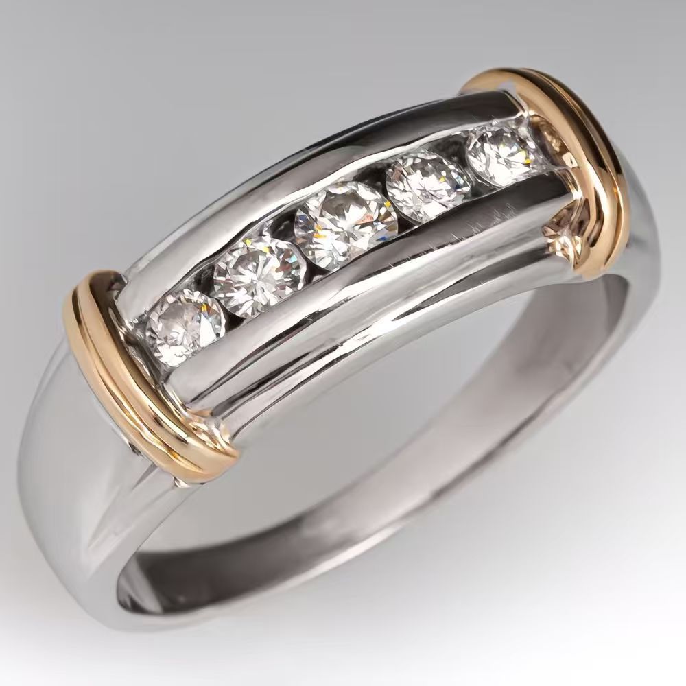 Two Tone Channel Set Diamond Men Band Ring Classic Business Finger Ring
