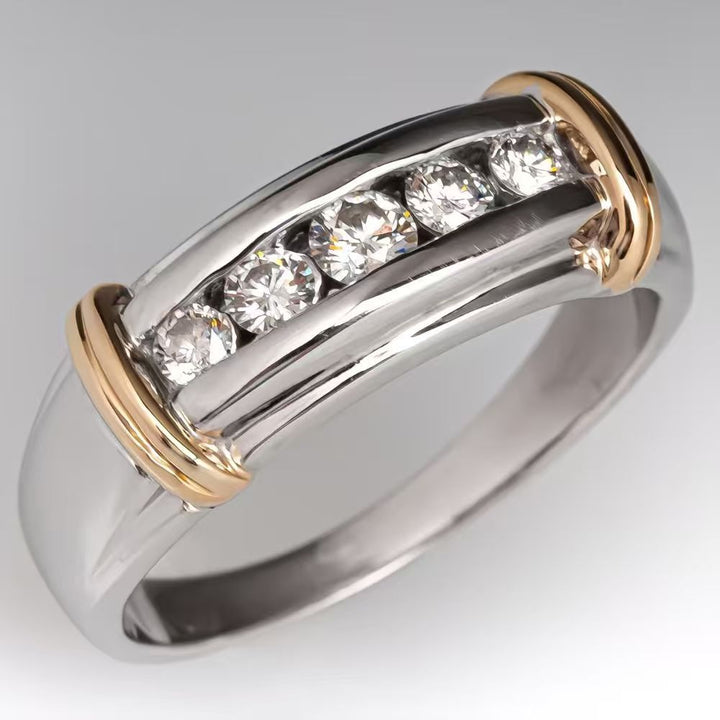 Two Tone Channel Set Diamond Men Band Ring Classic Business Finger Ring