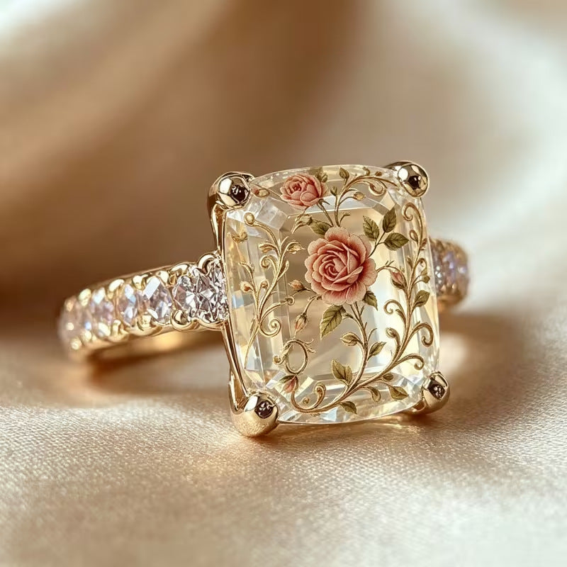 Vintage Rose Inlay Cushion Diamond Ring Women French Romantic Leaf Vine Gold Engagement Ring