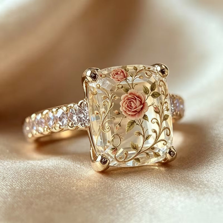 Vintage Rose Inlay Cushion Diamond Ring Women French Romantic Leaf Vine Gold Engagement Ring