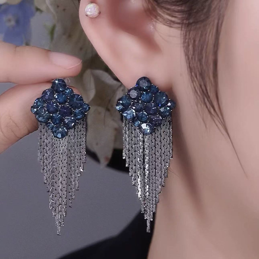 Dark Blue Diamond Cluster Tassel Drop Earrings Elegant Statement Jewelry For Women