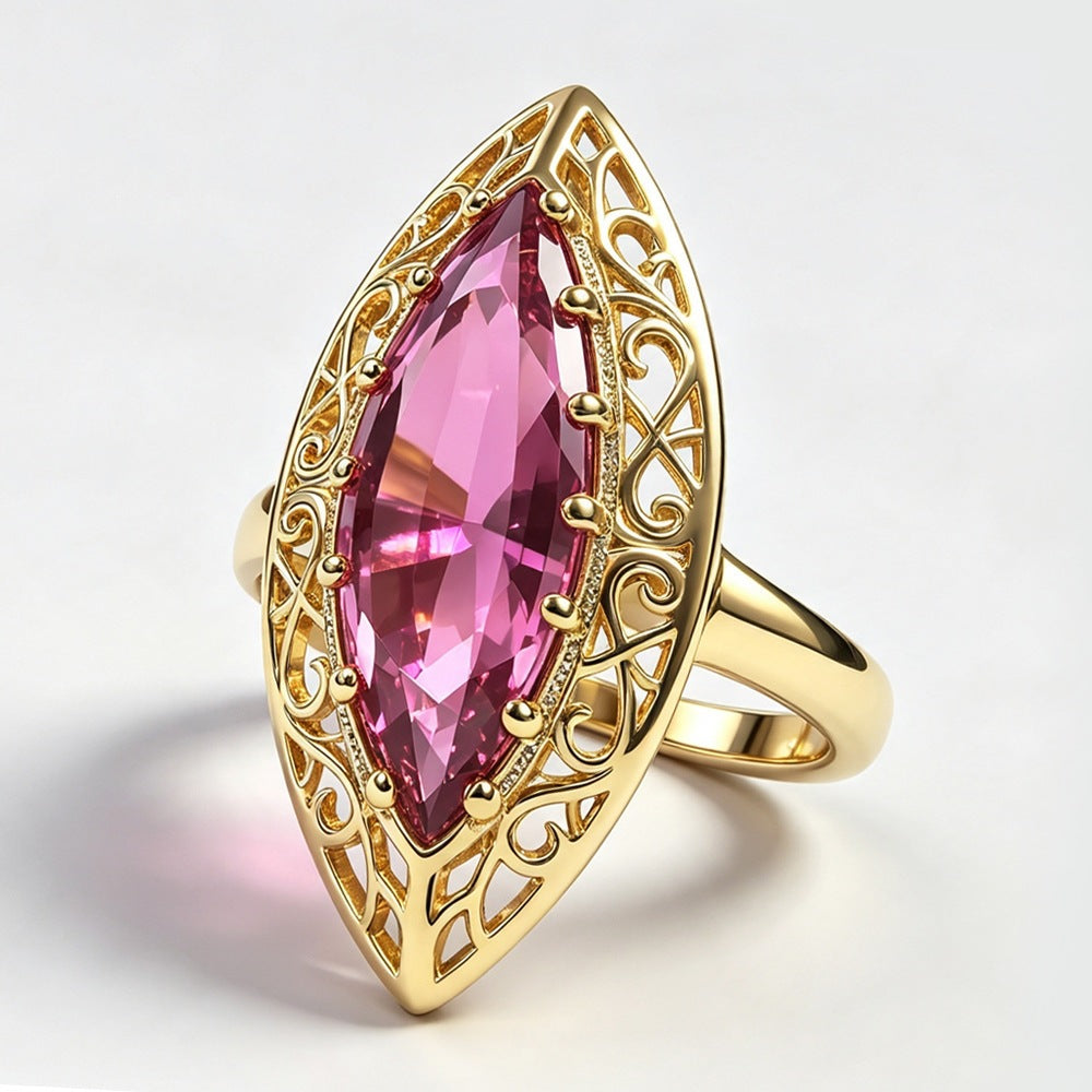 Vintage Marquise Pink Gem Filigree Statement Ring Large Stone Cocktail Ring Hollow Openwork Retro Antique Ring For Women Party Jewelry