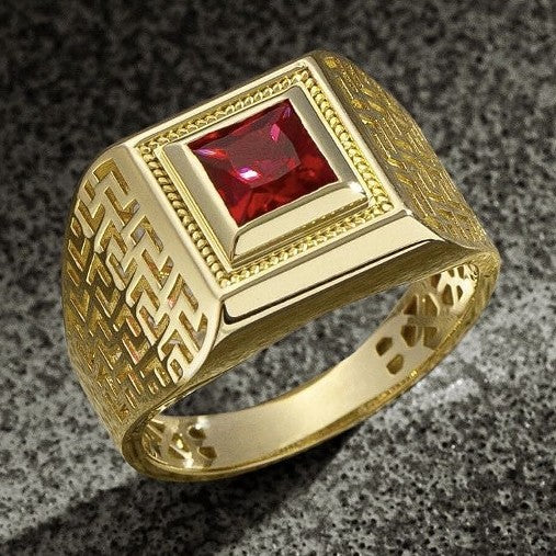 Vintage Meander‑Pattern Hollow Wide‑Band Men’s Ring, Square‑Gem Square‑Bezel Signet Ring