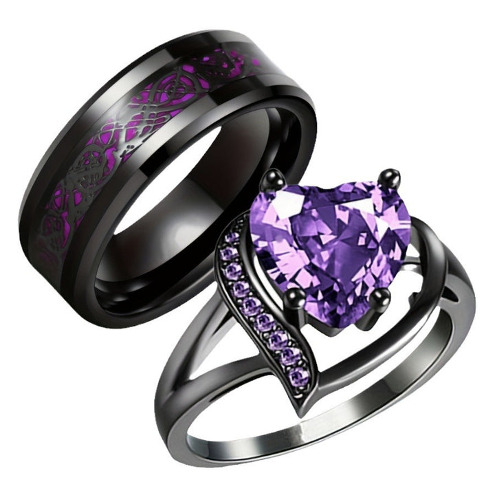 Black Titanium Steel Couple Ring Set Heart‑Shaped Purple Diamond Celtic Pattern Bands