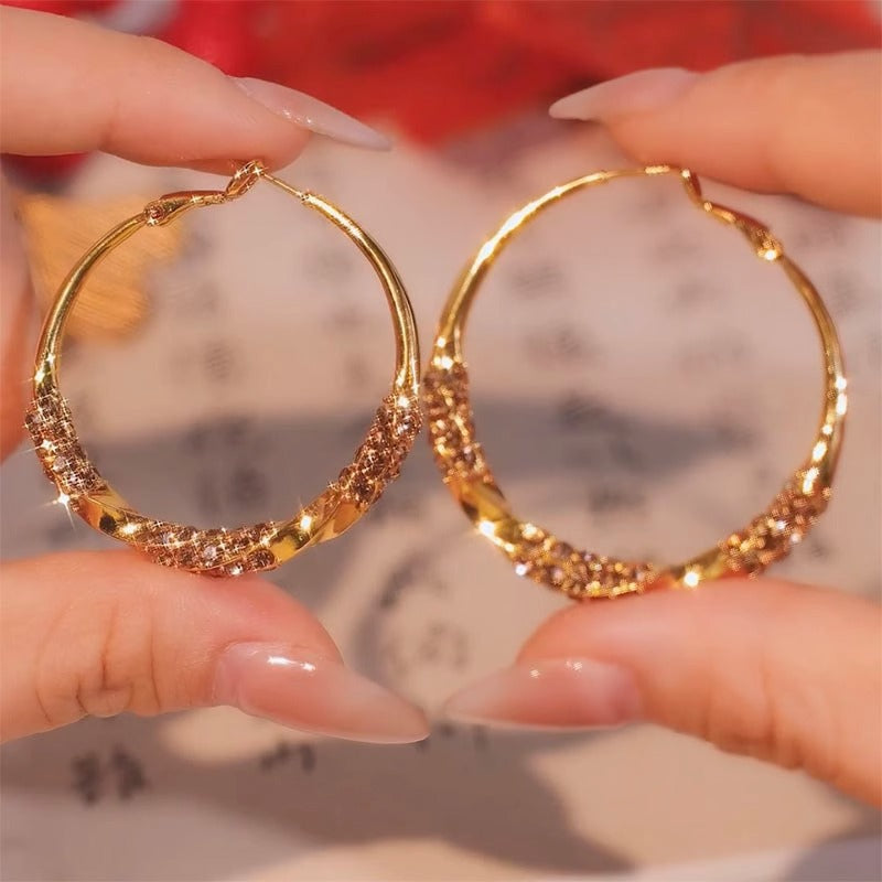 Twisted Pave Diamond Hoop Earrings Glitter Large Circle Earrings Trend Statement Stackable Versatile Fashion Ear Jewelry Gift For Women Daily Party Dating