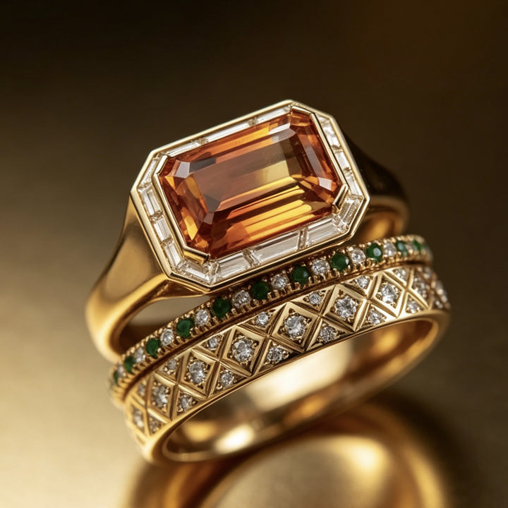 Emerald‑Cut Orange‑Yellow Center Stone Diamond & Emerald 3‑Piece Stackable Ring Set Vintage Royal Style Women’s Bands