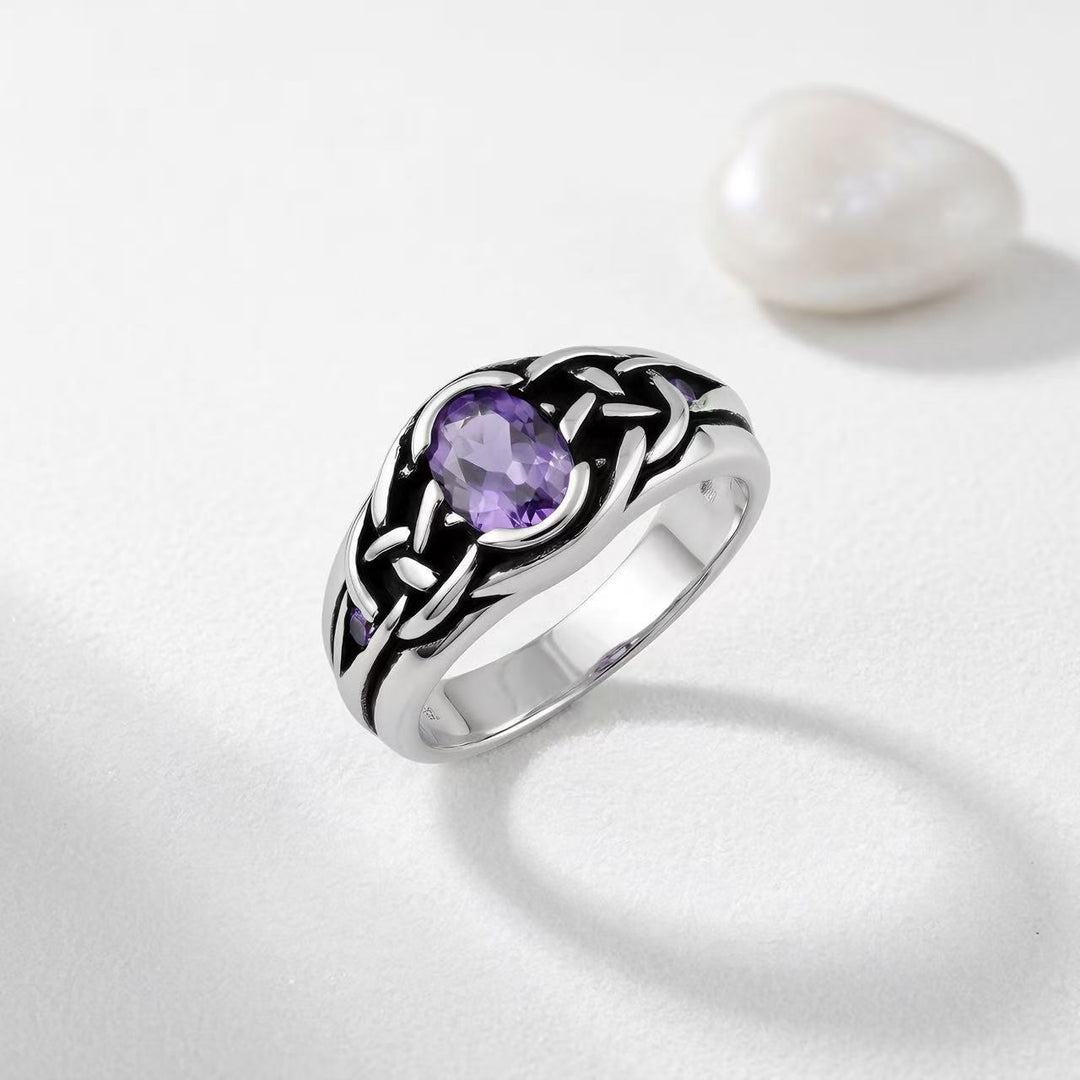 Vintage Celtic Knot Statement Ring Oval Amethyst Main Stone Fashion Jewelry For Men Women