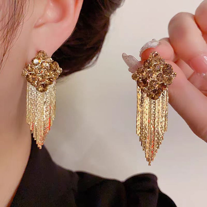 Champagne Diamond Cluster Long Tassel Dangle Earrings For Women