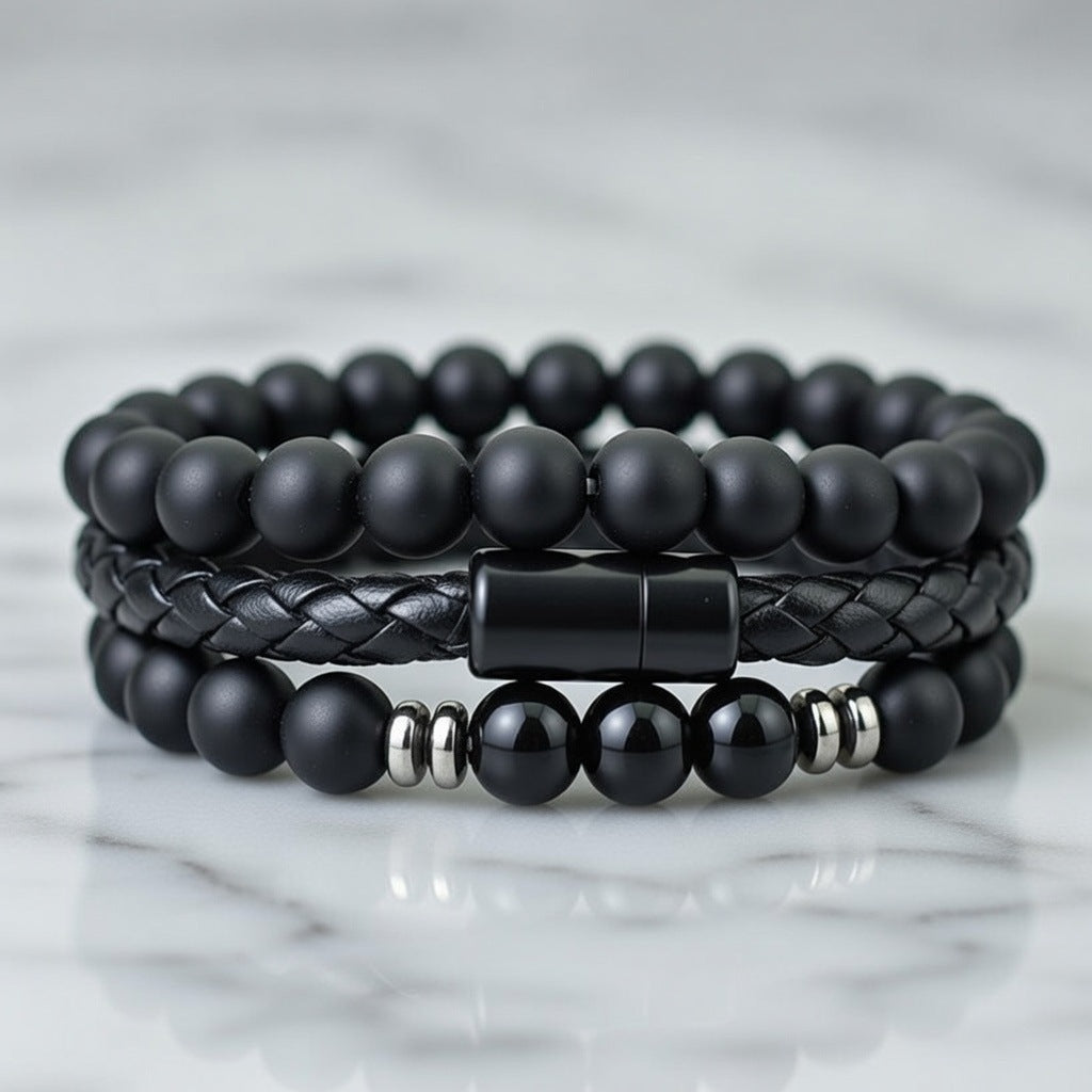 Men Multi Layer Stacked Bracelet Set Braided Leather Natural Stone Bead Wristband Classic Minimalist Statement Hand Jewelry