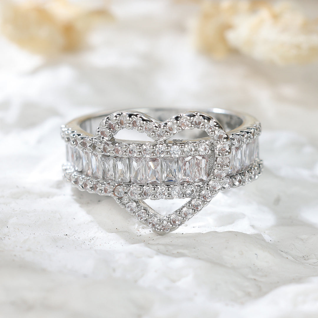 Intertwined Double‑Heart Full‑Paved Ring Luxurious Baguette Diamond Band