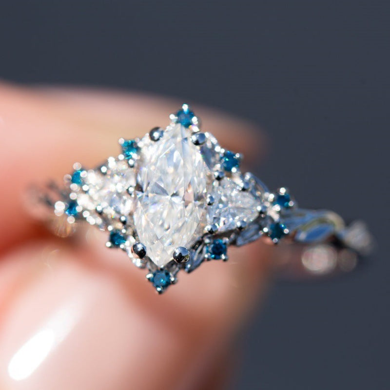 Marquise Diamond Three Stone Engagement Ring With Accent Blue Gemstones Twisted Band Vintage Halo Promise Ring Bridal Statement Jewelry