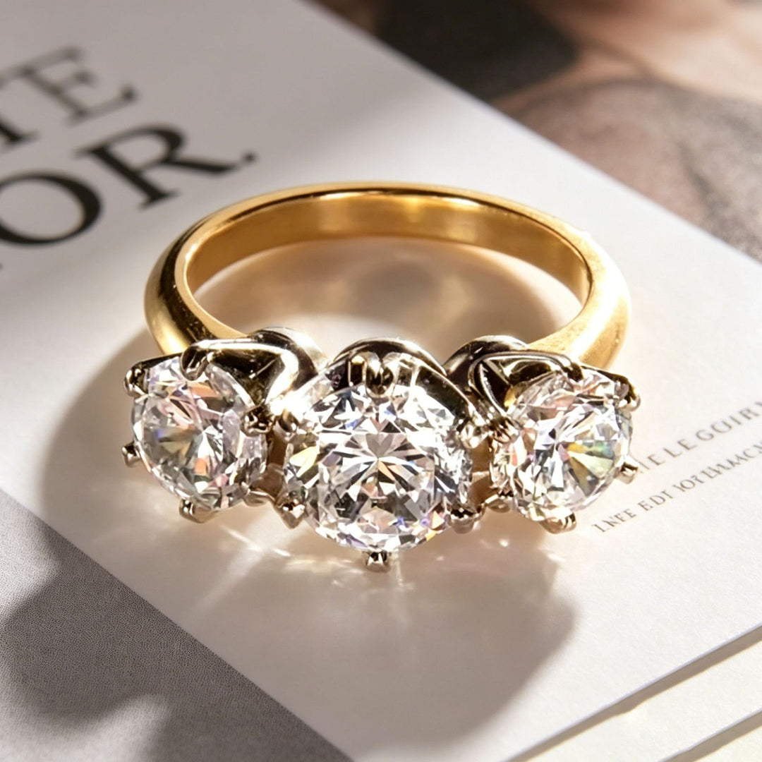 Three Stone Diamond Ring Women Gold Round Brilliant Cut Engagement Jewelry Gift