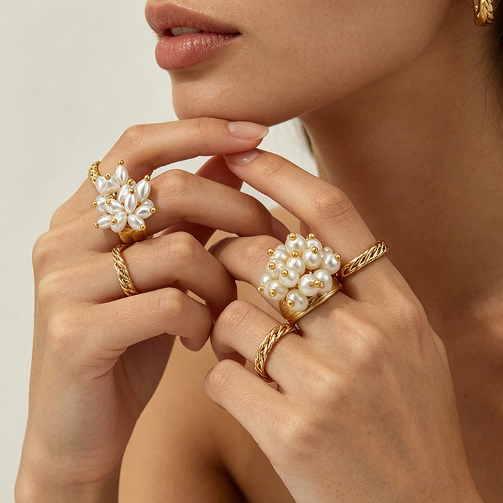 Freshwater Pearl Cluster Statement Open Ring Floral Pearl Wide Band Ring