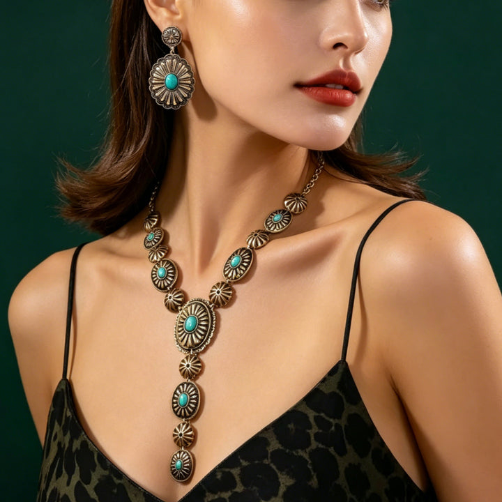 Western Vintage Turquoise Jewelry Set, Concho Pattern Y‑Drop Necklace & Dangle Earring Kit