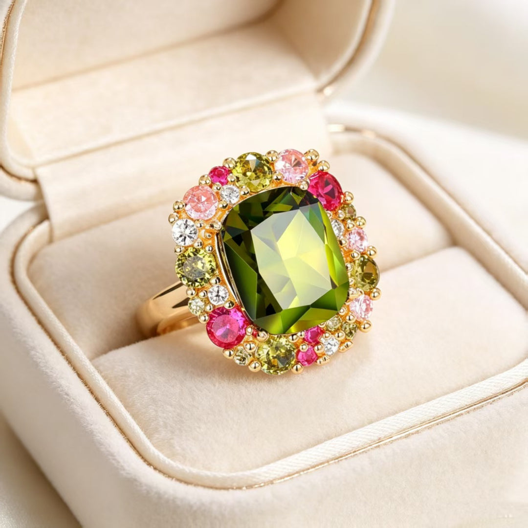 Ornate Multi‑Gem Halo‑Setting Ring Vintage Court‑Style Women Ring