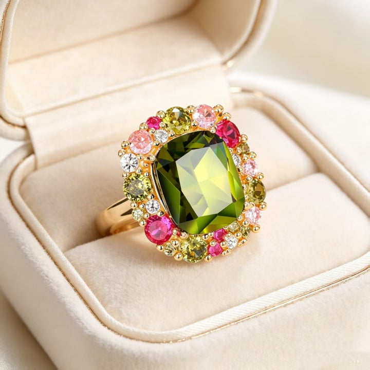 Ornate Multi‑Gem Halo‑Setting Ring Vintage Court‑Style Women Ring
