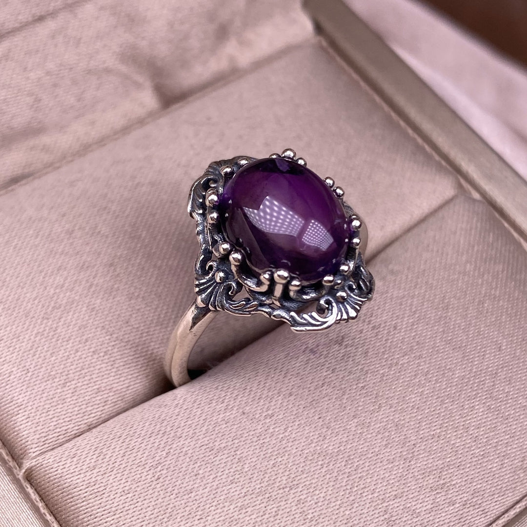 Vintage Oval Gemstone Solid Sterling Silver Adjustable Open Ring Ornate Floral Carved Statement Ring