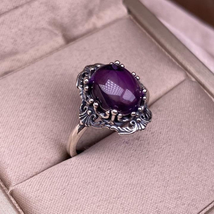Vintage Oval Gemstone Solid Sterling Silver Adjustable Open Ring Ornate Floral Carved Statement Ring