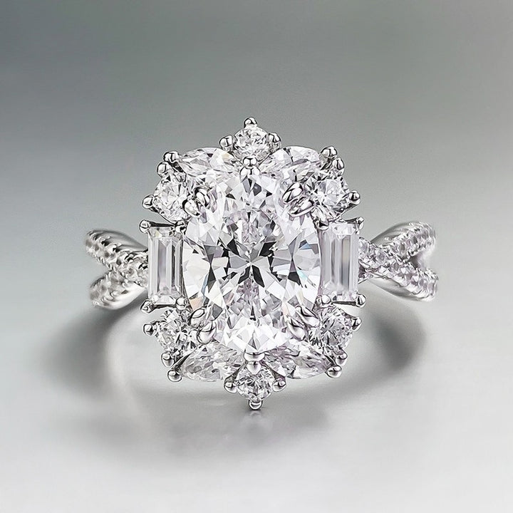 Oval Cut Center Diamond Sterling Silver Halo Ring, Twisted Split Shank Engagement Ring