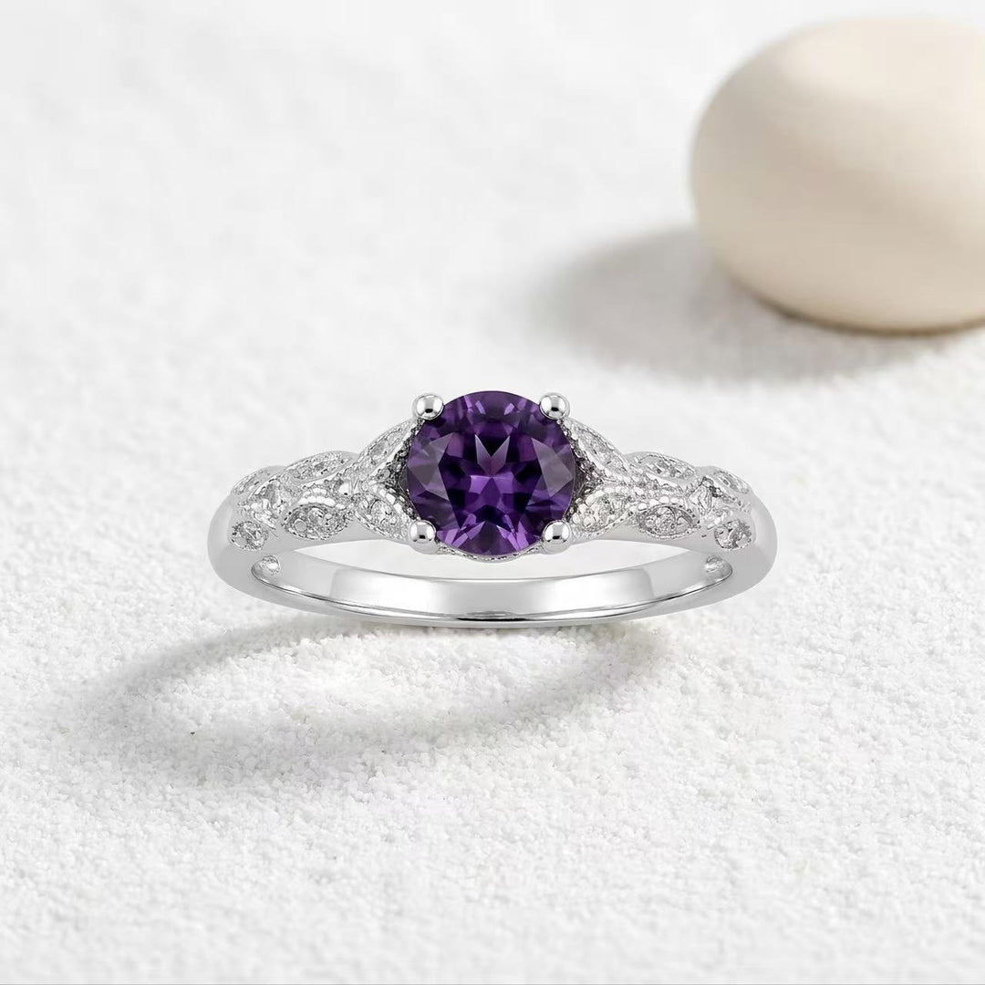 Purple Diamond Twist Vine Ring Women Silver Vintage Art Nouveau Engagement Jewelry