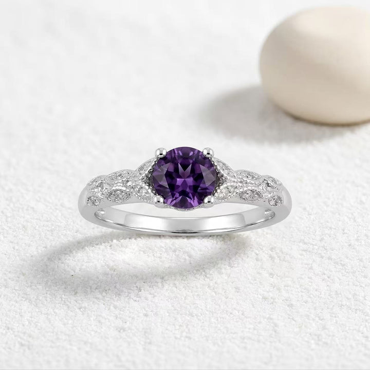Purple Diamond Twist Vine Ring Women Silver Vintage Art Nouveau Engagement Jewelry