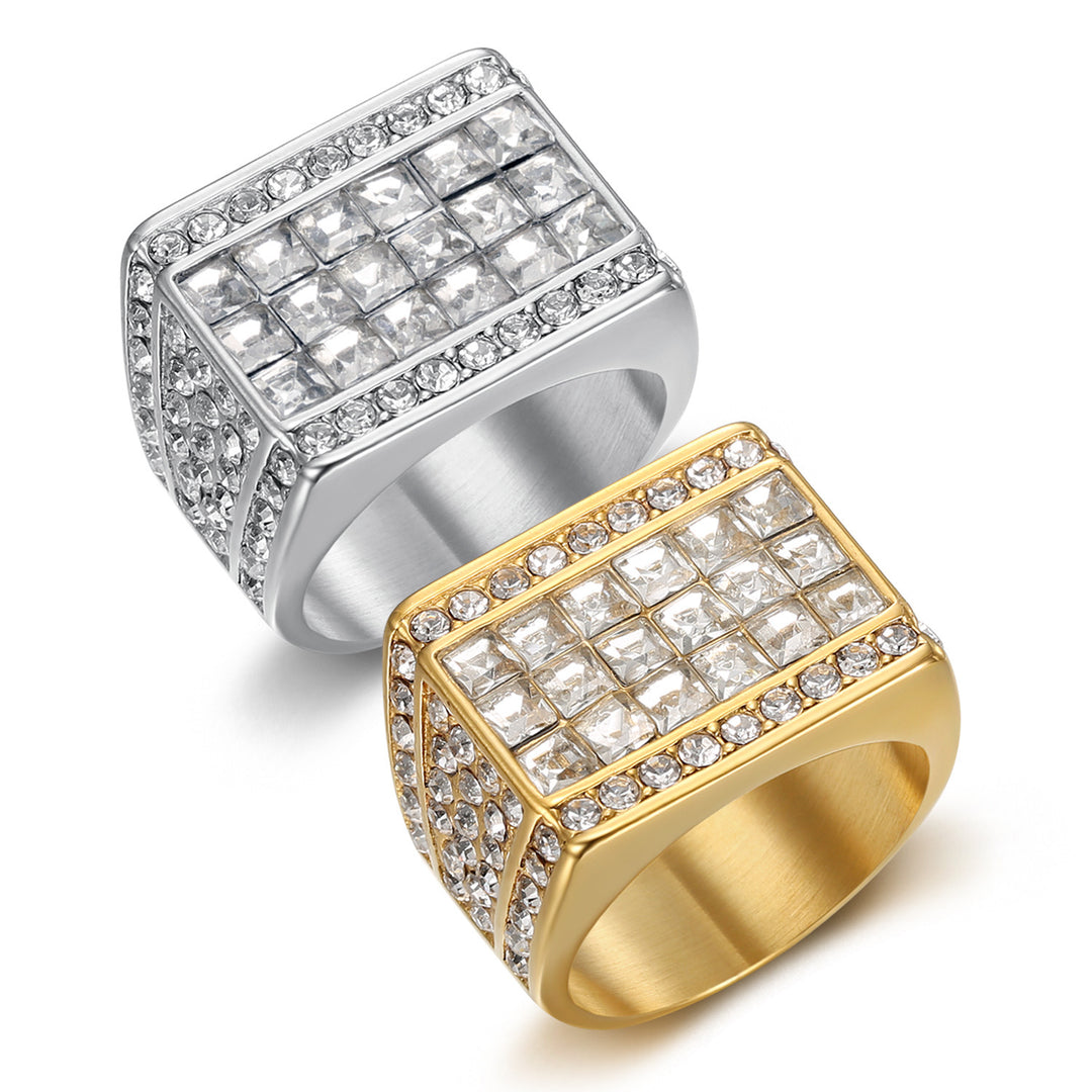 Hip Hop Full Diamond Square Titanium Steel Men Ring, European Trend Wide Band Diamond Ring