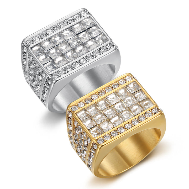 Hip Hop Full Diamond Square Titanium Steel Men Ring, European Trend Wide Band Diamond Ring