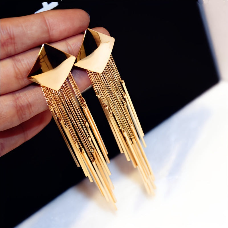 Square Geometric Long Tassel Drop Earrings Statement Fringe Dangle Earrings Glam Evening Party Wedding Fashion Jewelry For Women