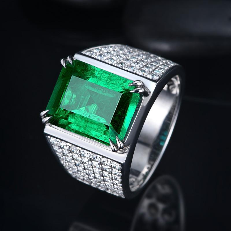 Wide‑Band Men’s Ring With Rectangular Emerald & Paved Diamonds Luxury Prong‑Set Statement Ring