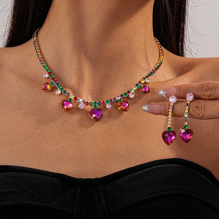 Rainbow Heart Tennis Necklace Earrings Set Women Colorful CZ Gold Jewelry Gift