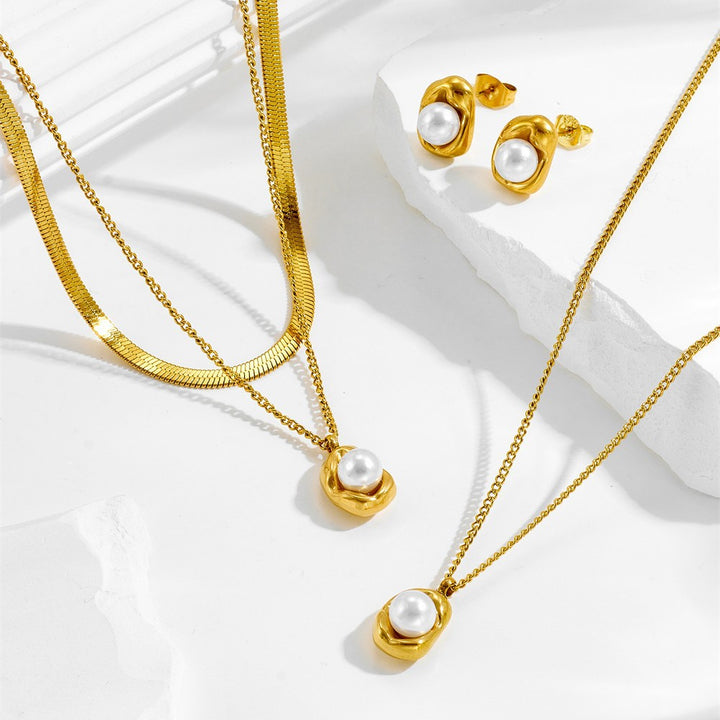 Irregular Wrapped Pearl Stud Earrings Minimalist Vintage Pendant Necklace Jewelry Set