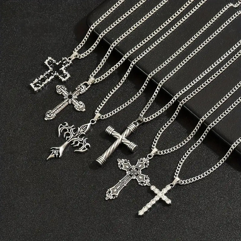 Vintage Cross Pendant Necklace Set Gothic Punk Layered Neck Chain Unisex Streetwear Statement Jewelry