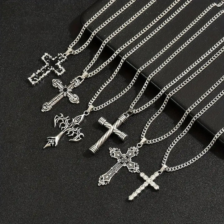 Vintage Cross Pendant Necklace Set Gothic Punk Layered Neck Chain Unisex Streetwear Statement Jewelry