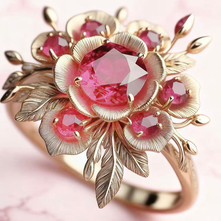 Vintage Floral Pink Diamond Carved Ring 14K Gold Artistic Flower Women Ring