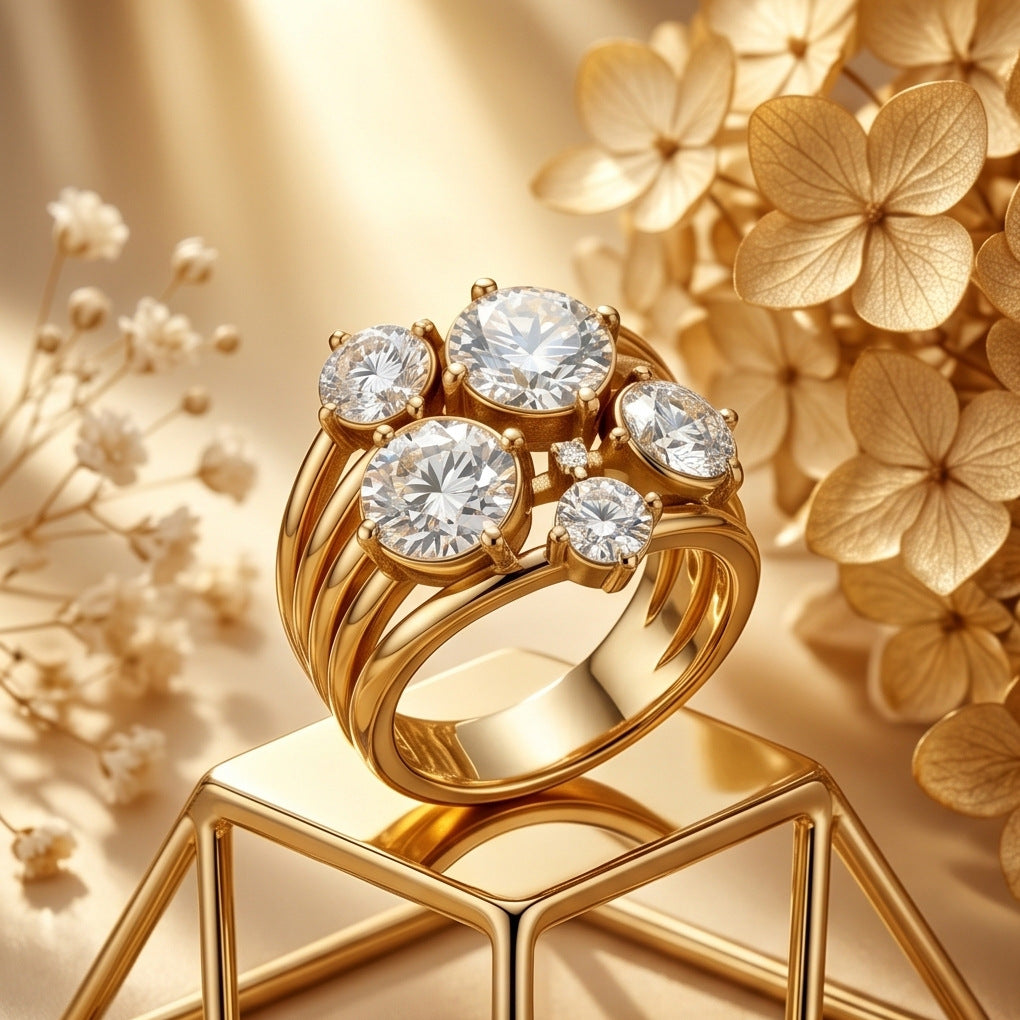 Twisted Multi‑Round‑Diamond Cluster Statement Ring For Women