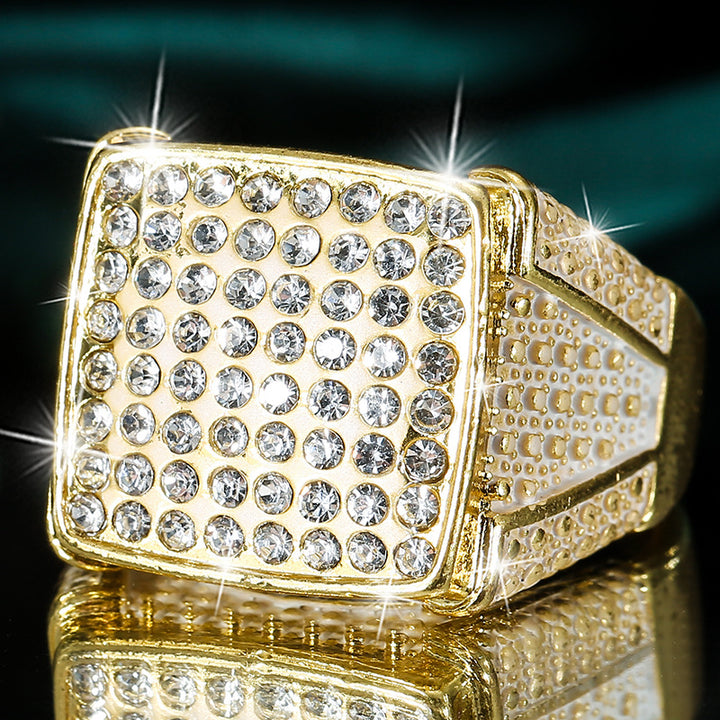 Men's Square Signet Pinky Ring Wide Band Pave Diamond Gold Hip Hop Statement Ring