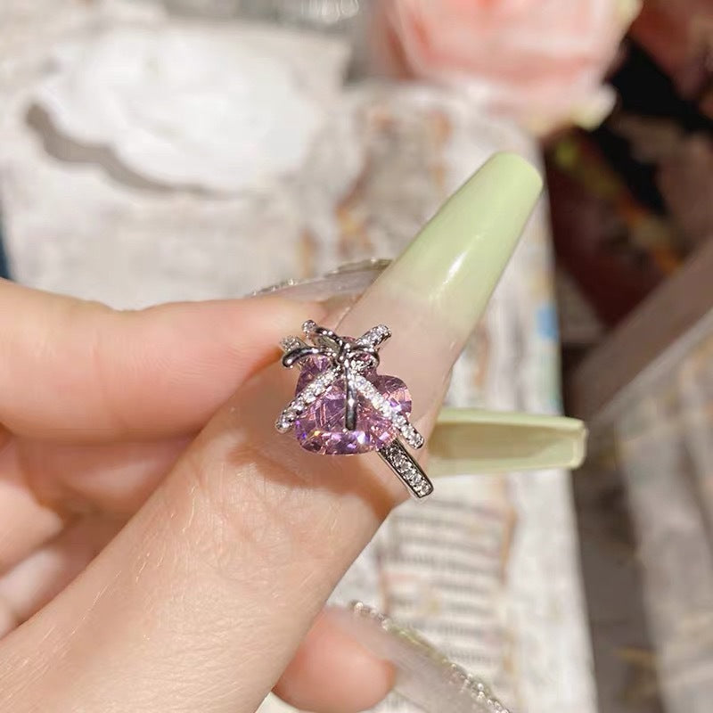Heart Cut Diamond Bow Knot Open Ring Romantic Promise Statement Ring Elegant Adjustable Ring For Women