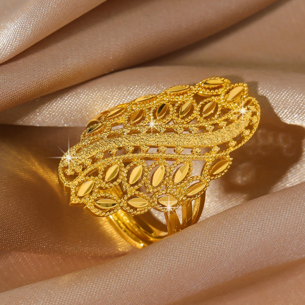 Hollow Leaf Filigree Ring Women Gold Openwork Adjustable Statement Jewelry Gift