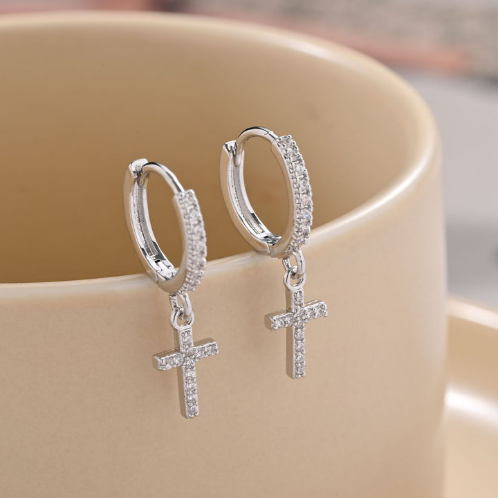 Pavé Hoop Cross Charm Huggie Earrings S925 Silver Post Trendy Women Diamond Drop Earrings