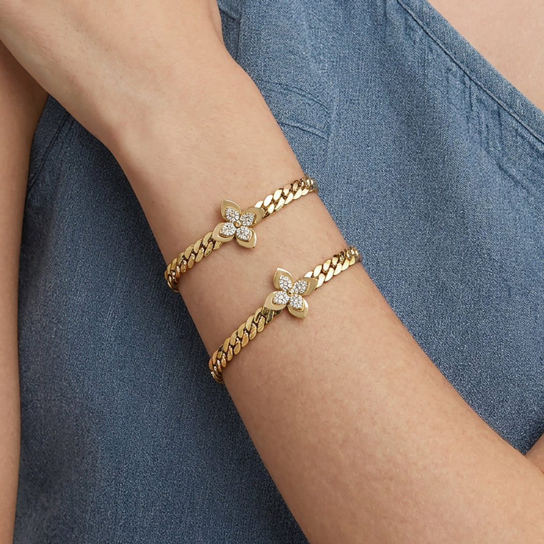 Four Leaf Clover Cuban Link Necklace Bracelet Set Dainty Inlaid Diamond Stackable Jewelry Timeless Elegant Statement Gift For Women