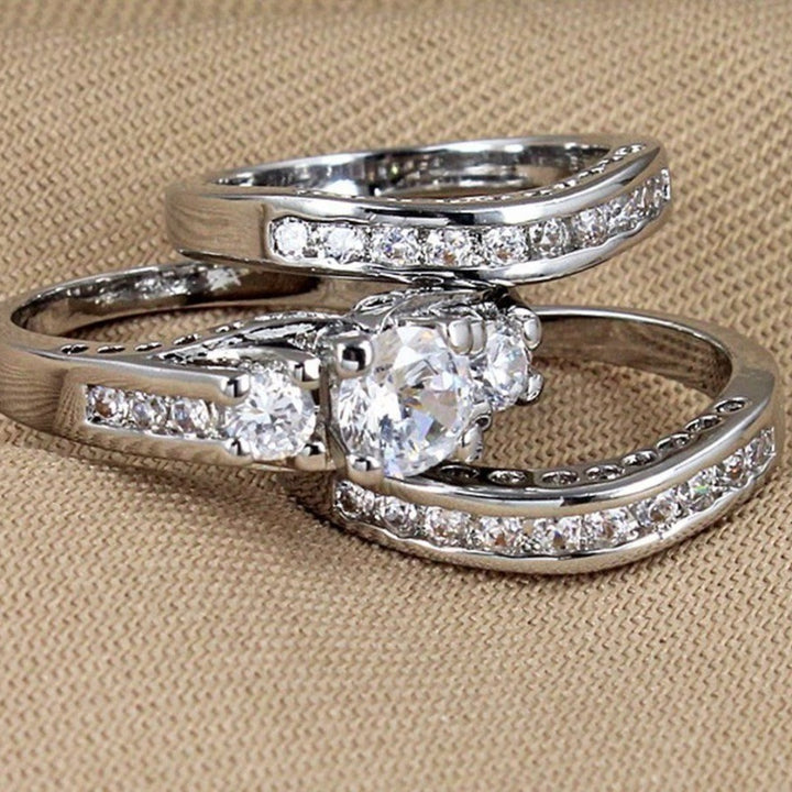Three Stone Diamond Ring Set Matching Stackable Wedding Band Bridal Ring Set For Women