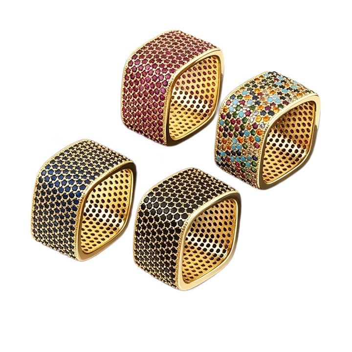Wide Square Band Diamond Statement Ring Unisex Bold Stackable Cocktail Party Fashion Ring Multi Color Option Jewelry